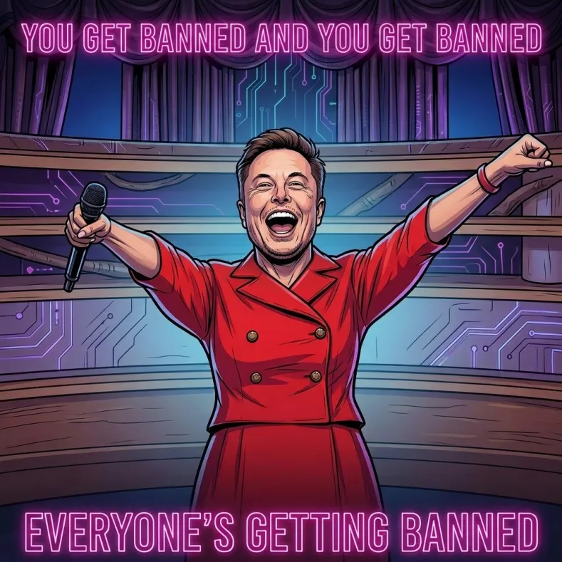 Elon Musk in a red dress mimics Oprah's pose with text 'Everyone's getting banned'.