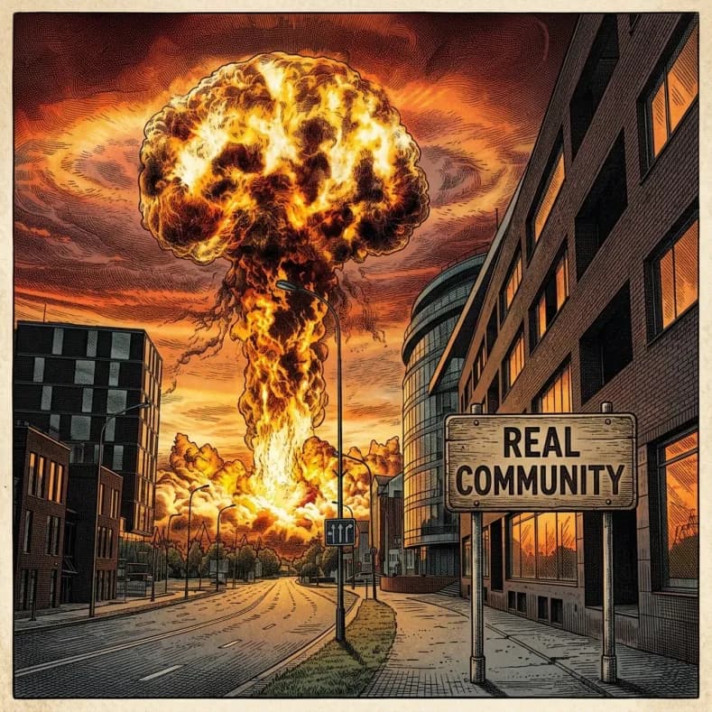 Nuclear mushroom cloud rising over a city street behind a sign reading "REAL COMMUNITY".