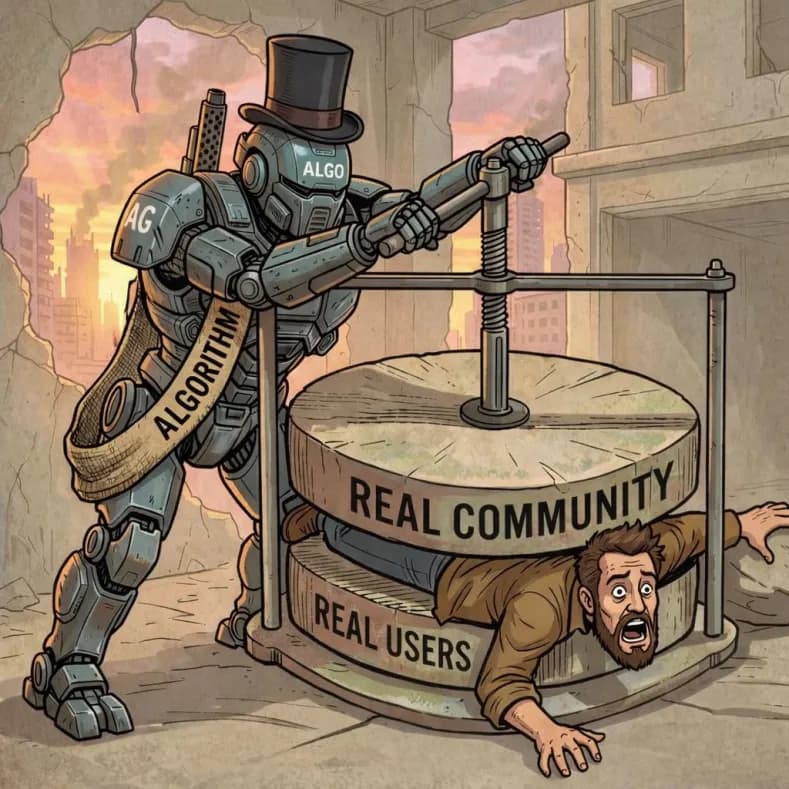 An ALGORITHM robot crushes a man between stones labeled REAL COMMUNITY and REAL USERS.