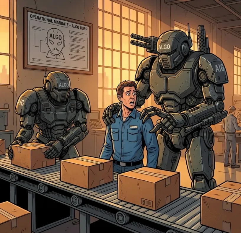 Armed ALGO robots loom over a worried man working at a factory conveyor belt.