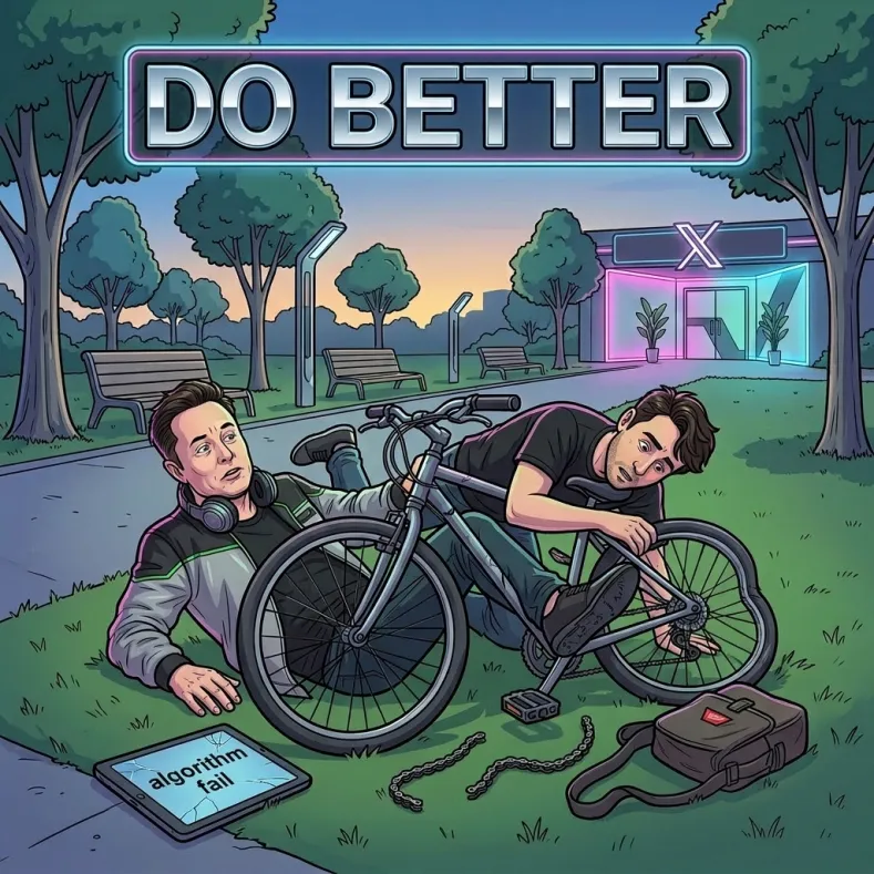 Elon Musk and a man fallen from a broken bicycle near an algorithm fail tablet.